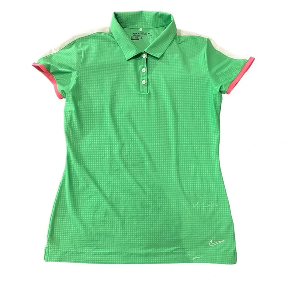 Nike Golf Polo Women's Performance Green Geometric‎ STRETCH Vented Pink Trim - Picture 1 of 3